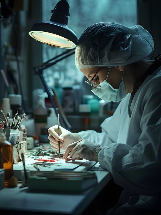 Una ricercatrice al lavoro al bancone di un laboratorio